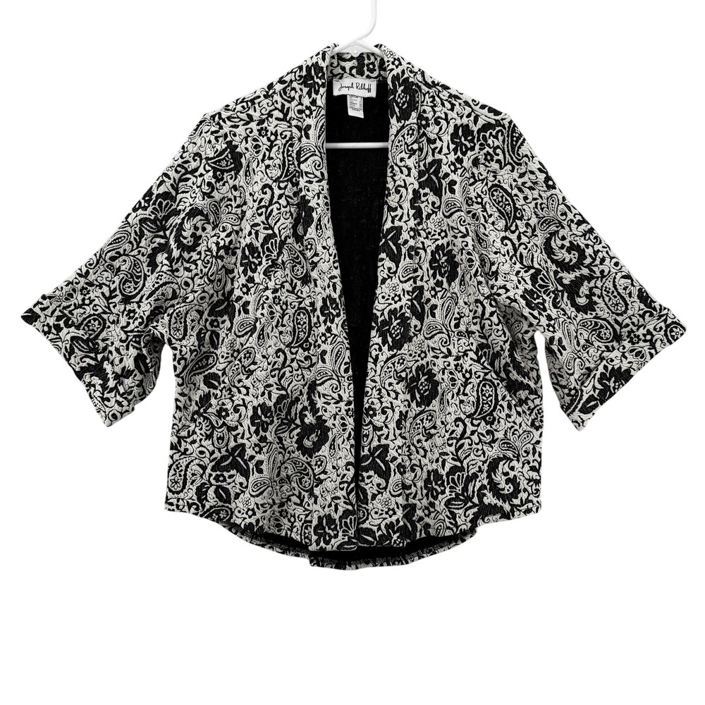 Joseph Ribkoff Jacket Womens Size 6 Black White Paisley Open Front Short Sleeve